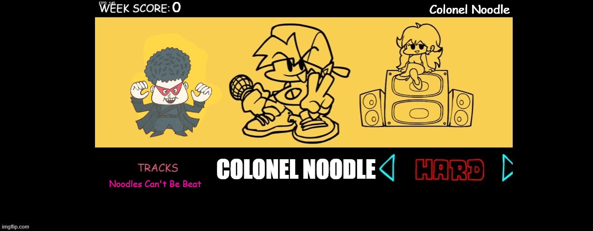 VS. Colonel Noodle | Colonel Noodle; 0; COLONEL NOODLE; Noodles Can't Be Beat | image tagged in crossover,crossover meme,crossover memes,fnf custom week,noodle,parappa | made w/ Imgflip meme maker