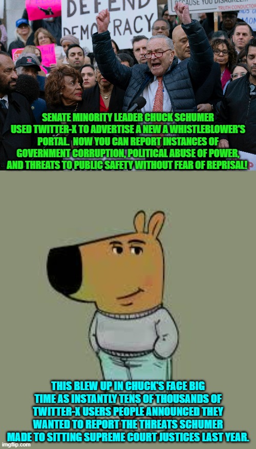 Ouch, eh Chuck? | SENATE MINORITY LEADER CHUCK SCHUMER USED TWITTER-X TO ADVERTISE A NEW A WHISTLEBLOWER'S PORTAL.  NOW YOU CAN REPORT INSTANCES OF GOVERNMENT CORRUPTION, POLITICAL ABUSE OF POWER, AND THREATS TO PUBLIC SAFETY WITHOUT FEAR OF REPRISAL! THIS BLEW UP IN CHUCK'S FACE BIG TIME AS INSTANTLY TENS OF THOUSANDS OF TWITTER-X USERS PEOPLE ANNOUNCED THEY WANTED TO REPORT THE THREATS SCHUMER MADE TO SITTING SUPREME COURT JUSTICES LAST YEAR. | image tagged in yep | made w/ Imgflip meme maker