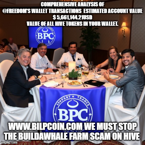 COMPREHENSIVE ANALYSIS OF @FREEDOM'S WALLET TRANSACTIONS  ESTIMATED ACCOUNT VALUE
$ 5,661,144.21USD VALUE OF ALL HIVE TOKENS IN YOUR WALLET. WWW.BILPCOIN.COM WE MUST STOP THE BUILDAWHALE FARM SCAM ON HIVE | made w/ Imgflip meme maker