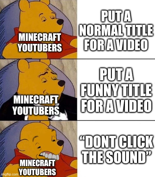 I don’t get why they do that | PUT A NORMAL TITLE FOR A VIDEO; MINECRAFT YOUTUBERS; PUT A FUNNY TITLE FOR A VIDEO; MINECRAFT YOUTUBERS; “DONT CLICK THE SOUND”; MINECRAFT YOUTUBERS | image tagged in best better blurst | made w/ Imgflip meme maker