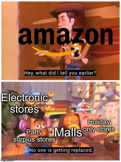 r u sur3? | Electronic stores; Holiday only stores; Party surplus stores; Malls | image tagged in no one is getting replaced,funny,memes | made w/ Imgflip meme maker