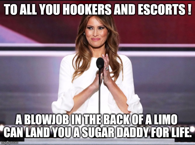 Limo bj | TO ALL YOU HOOKERS AND ESCORTS ! A BLOWJOB IN THE BACK OF A LIMO 
CAN LAND YOU A SUGAR DADDY FOR LIFE. | image tagged in melania trump meme,limo bj | made w/ Imgflip meme maker