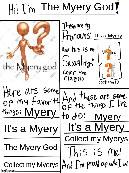 Myery | The Myery God; It's a Myery; Myery; Myery; It's a Myery; It's a Myery; Collect my Myerys; The Myery God; Collect my Myerys | made w/ Imgflip meme maker