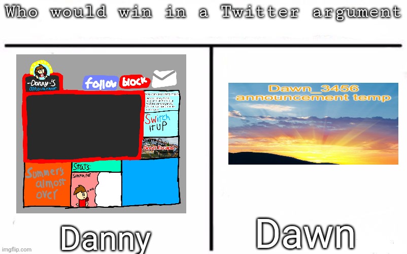 Pitting random mfs against each other | Dawn; Danny | image tagged in pitting random mfs against each other,msmg,memes | made w/ Imgflip meme maker