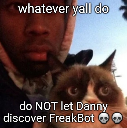mf made an ai version of cloud/zizi and erps and talks to it all the time ? | whatever yall do; do NOT let Danny discover FreakBot 💀💀 | image tagged in tyler the creator and grumpy cat | made w/ Imgflip meme maker