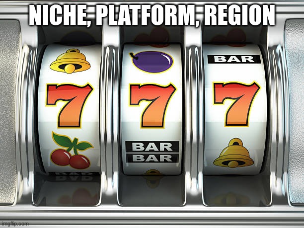 slot machine | NICHE, PLATFORM, REGION | image tagged in slot machine | made w/ Imgflip meme maker