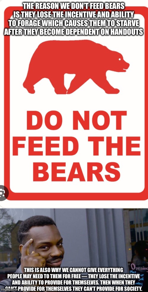 THE REASON WE DON’T FEED BEARS IS THEY LOSE THE INCENTIVE AND ABILITY TO FORAGE WHICH CAUSES THEM TO STARVE AFTER THEY BECOME DEPENDENT ON HANDOUTS; THIS IS ALSO WHY WE CANNOT GIVE EVERYTHING PEOPLE MAY NEED TO THEM FOR FREE — THEY LOSE THE INCENTIVE AND ABILITY TO PROVIDE FOR THEMSELVES. THEN WHEN THEY CAN’T PROVIDE FOR THEMSELVES THEY CAN’T PROVIDE FOR SOCIETY. | image tagged in do not feed the bears,memes,roll safe think about it | made w/ Imgflip meme maker