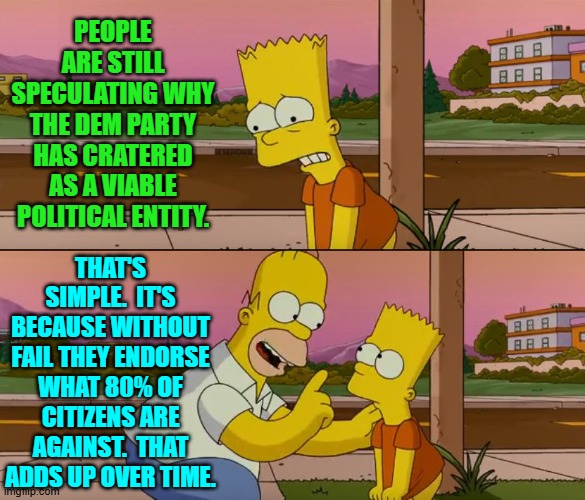 Grooming, CRT, open borders, racist and bigoted D.E.I., government corruption, and so forth and so on. | PEOPLE ARE STILL SPECULATING WHY THE DEM PARTY HAS CRATERED AS A VIABLE POLITICAL ENTITY. THAT'S SIMPLE.  IT'S BECAUSE WITHOUT FAIL THEY ENDORSE WHAT 80% OF CITIZENS ARE AGAINST.  THAT ADDS UP OVER TIME. | image tagged in simpsons so far | made w/ Imgflip meme maker