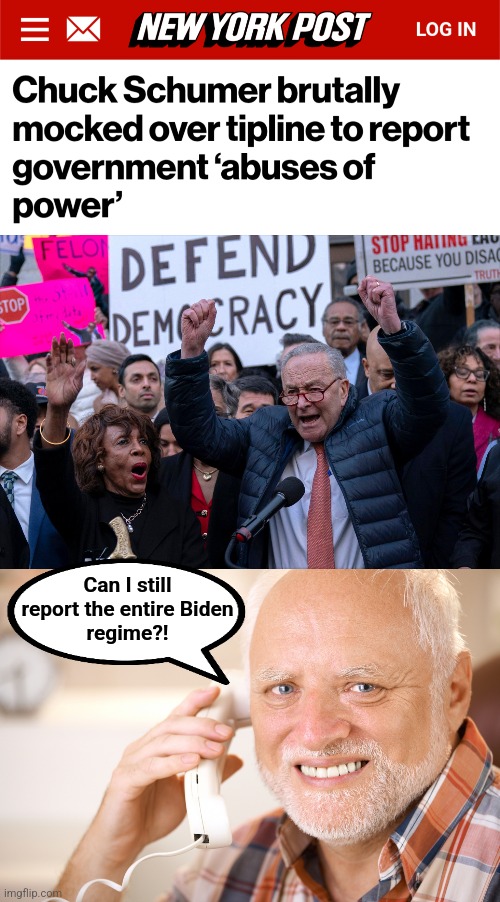 Exposing democrat corruption is "abuse of power" | Can I still
report the entire Biden
regime?! | image tagged in hide the pain harold phone,memes,abuse of power,doge,trump derangement syndrome,democrats | made w/ Imgflip meme maker