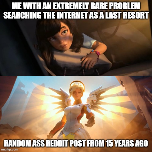 Overwatch Mercy Meme | ME WITH AN EXTREMELY RARE PROBLEM SEARCHING THE INTERNET AS A LAST RESORT; RANDOM ASS REDDIT POST FROM 15 YEARS AGO | image tagged in overwatch mercy meme,reddit,why are you reading the tags | made w/ Imgflip meme maker