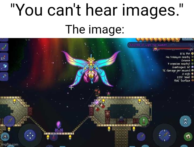 You're screwed. | "You can't hear images."; The image: | image tagged in memes,terraria,video games | made w/ Imgflip meme maker