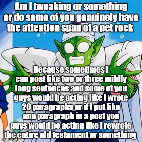 Am I tweaking or something or do some of you genuinely have the attention span of a pet rock; Because sometimes I can post like two or three mildly long sentences and some of you guys would be acting like I wrote 20 paragraphs or if I put like one paragraph in a post you guys would be acting like I rewrote the entire old testament or something | made w/ Imgflip meme maker