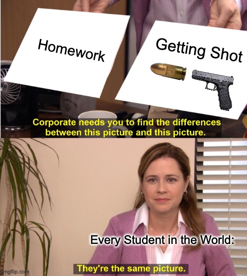 The Pain... | Homework; Getting Shot; Every Student in the World: | image tagged in memes,they're the same picture | made w/ Imgflip meme maker