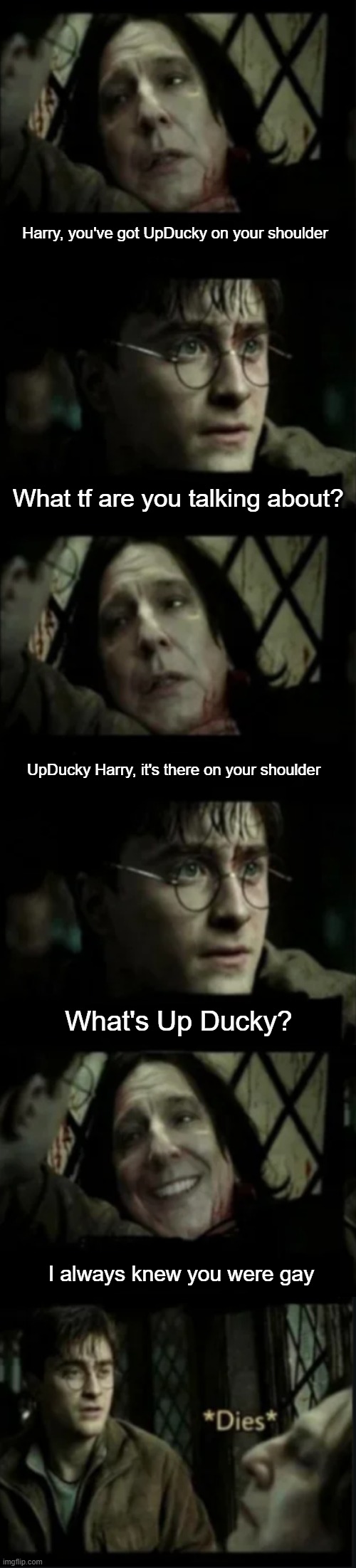 Harry Snape death trap | Harry, you've got UpDucky on your shoulder; What tf are you talking about? UpDucky Harry, it's there on your shoulder; What's Up Ducky? I always knew you were gay | image tagged in harry potter,snape | made w/ Imgflip meme maker