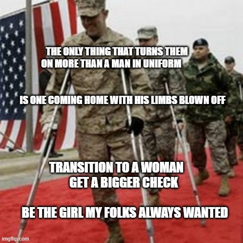 veterans lose money | THE ONLY THING THAT TURNS THEM ON MORE THAN A MAN IN UNIFORM                                                                          
       IS ONE COMING HOME WITH HIS LIMBS BLOWN OFF; TRANSITION TO A WOMAN             GET A BIGGER CHECK                                          BE THE GIRL MY FOLKS ALWAYS WANTED | image tagged in veterans lose money | made w/ Imgflip meme maker