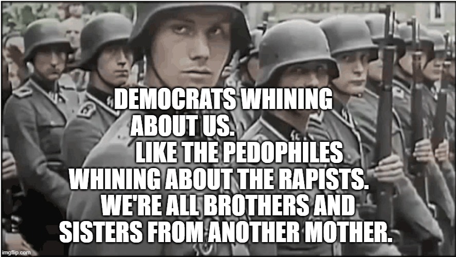 Nazi SS troops | DEMOCRATS WHINING ABOUT US.                          LIKE THE PEDOPHILES WHINING ABOUT THE RAPISTS. WE'RE ALL BROTHERS AND SISTERS FROM ANOTHER MOTHER. | image tagged in nazi ss troops | made w/ Imgflip meme maker