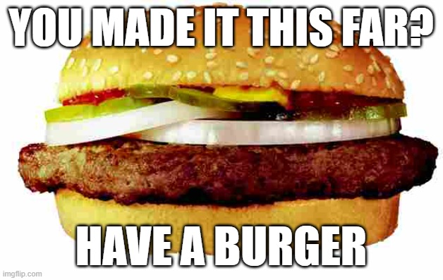 have a burger | YOU MADE IT THIS FAR? HAVE A BURGER | image tagged in hamburger | made w/ Imgflip meme maker