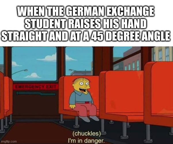 WELL IT'S NOW GAME OVER | WHEN THE GERMAN EXCHANGE STUDENT RAISES HIS HAND STRAIGHT AND AT A 45 DEGREE ANGLE | image tagged in i'm in danger blank place above,memes,dark humor | made w/ Imgflip meme maker