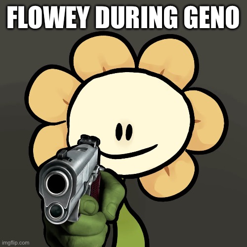 actually it's flowey during every route other than geno | FLOWEY DURING GENO | image tagged in flowey holding a gun | made w/ Imgflip meme maker