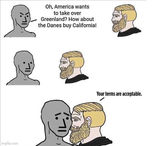 It would be the greatest trade deal in the history of trade deals | Oh, America wants to take over Greenland? How about the Danes buy California! | image tagged in your terms are acceptable | made w/ Imgflip meme maker