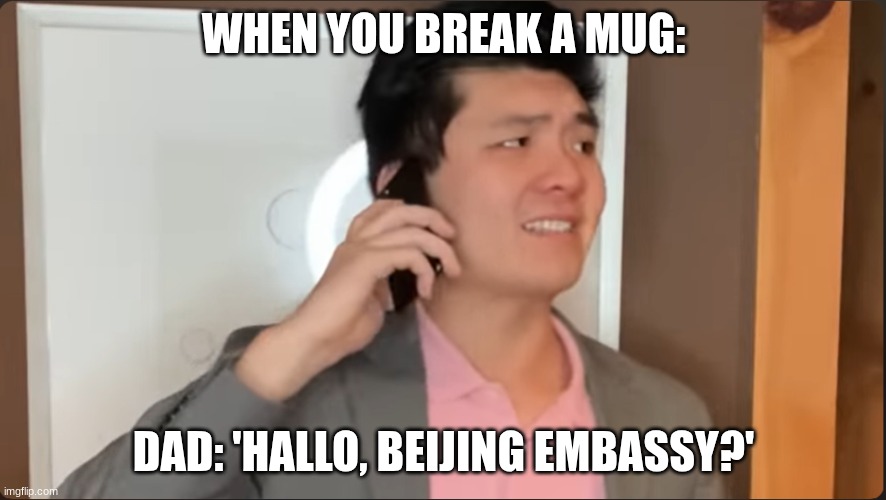 Steven He calls the Beijing embassy | WHEN YOU BREAK A MUG:; DAD: 'HALLO, BEIJING EMBASSY?' | image tagged in steven he calls the beijing embassy | made w/ Imgflip meme maker