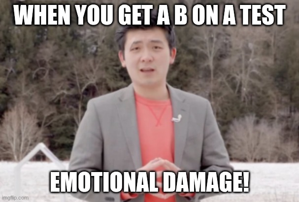 Steven He | WHEN YOU GET A B ON A TEST; EMOTIONAL DAMAGE! | image tagged in steven he | made w/ Imgflip meme maker