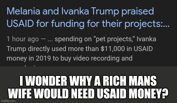 I WONDER WHY A RICH MANS WIFE WOULD NEED USAID MONEY? | made w/ Imgflip meme maker