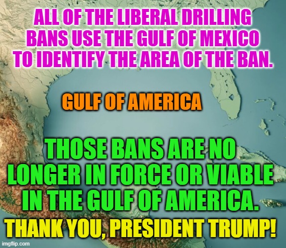 Gulf of What? | ALL OF THE LIBERAL DRILLING BANS USE THE GULF OF MEXICO TO IDENTIFY THE AREA OF THE BAN. GULF OF AMERICA; THOSE BANS ARE NO LONGER IN FORCE OR VIABLE IN THE GULF OF AMERICA. THANK YOU, PRESIDENT TRUMP! | image tagged in gulf of what | made w/ Imgflip meme maker