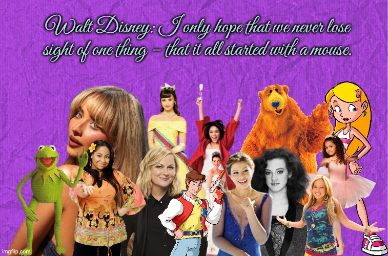 Disney 100 Years Collage | Walt Disney: I only hope that we never lose sight of one thing – that it all started with a mouse. | image tagged in generic purple background,disney,the muppets,disney channel,disney plus,disney princess | made w/ Imgflip meme maker