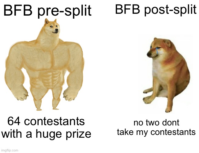 Buff Doge vs. Cheems Meme | BFB pre-split; BFB post-split; 64 contestants with a huge prize; no two dont take my contestants | image tagged in memes,buff doge vs cheems | made w/ Imgflip meme maker