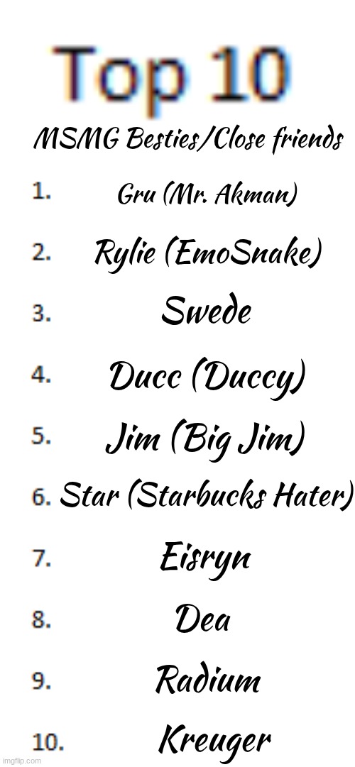 Honestly I have a long list but this is the main one :p | MSMG Besties/Close friends; Gru (Mr. Akman); Rylie (EmoSnake); Swede; Ducc (Duccy); Jim (Big Jim); Star (Starbucks Hater); Eisryn; Dea; Radium; Kreuger | image tagged in top 10 list | made w/ Imgflip meme maker