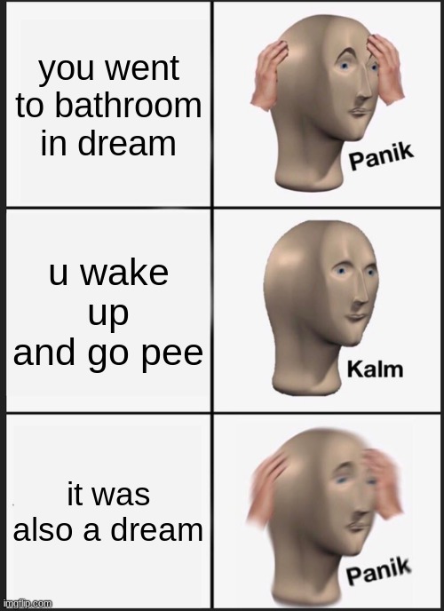 Panik Kalm Panik | you went to bathroom in dream; u wake up and go pee; it was also a dream | image tagged in memes,panik kalm panik | made w/ Imgflip meme maker