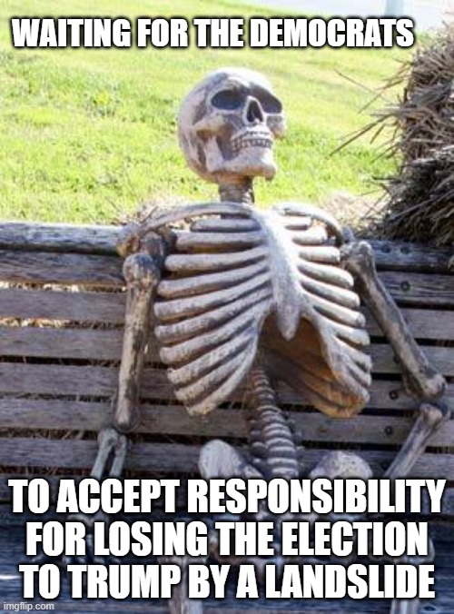 Waiting Skeleton Meme | WAITING FOR THE DEMOCRATS; TO ACCEPT RESPONSIBILITY FOR LOSING THE ELECTION TO TRUMP BY A LANDSLIDE | image tagged in memes,waiting skeleton | made w/ Imgflip meme maker