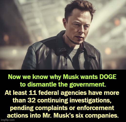 Just another sleaze trying to stay out of jail. | Now we know why Musk wants DOGE 
to dismantle the government. At least 11 federal agencies have more 
than 32 continuing investigations, 

pending complaints or enforcement 
actions into Mr. Musk’s six companies. | image tagged in elon musk,criminal,sleaze,jail,prison | made w/ Imgflip meme maker