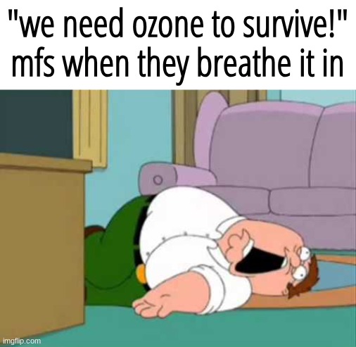 Dead Peter Griffin | "we need ozone to survive!" mfs when they breathe it in | image tagged in dead peter griffin | made w/ Imgflip meme maker