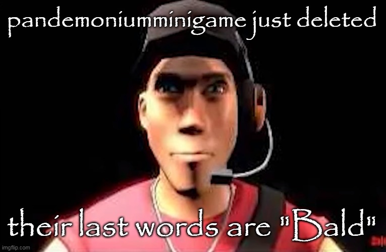 tf2 scout staring | pandemoniumminigame just deleted; their last words are "Bald" | image tagged in tf2 scout staring | made w/ Imgflip meme maker