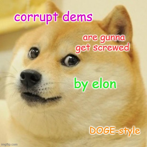 doge-style | corrupt dems; are gunna get screwed; by elon; DOGE-style | image tagged in memes,doge,government corruption,theft | made w/ Imgflip meme maker