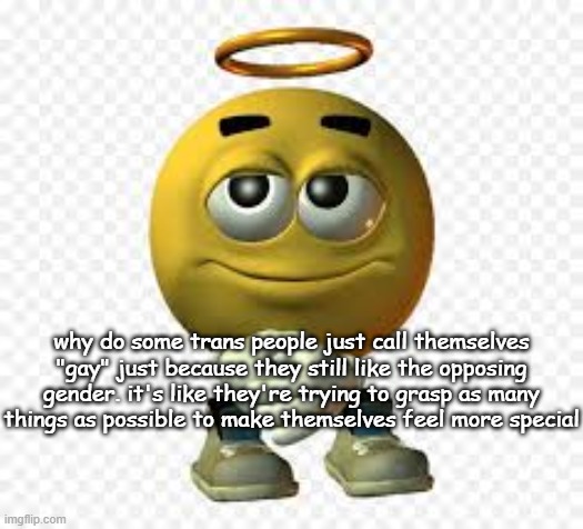 3d angel emoji | why do some trans people just call themselves "gay" just because they still like the opposing gender. it's like they're trying to grasp as many things as possible to make themselves feel more special | image tagged in 3d angel emoji | made w/ Imgflip meme maker