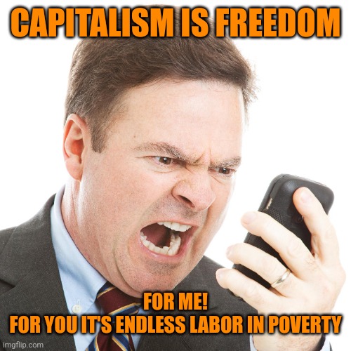 CEO | CAPITALISM IS FREEDOM FOR ME!
FOR YOU IT'S ENDLESS LABOR IN POVERTY | image tagged in ceo | made w/ Imgflip meme maker