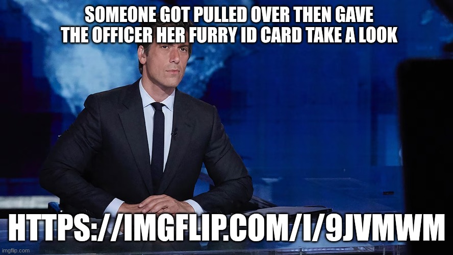 news reporter | SOMEONE GOT PULLED OVER THEN GAVE THE OFFICER HER FURRY ID CARD TAKE A LOOK; HTTPS://IMGFLIP.COM/I/9JVMWM | image tagged in news reporter | made w/ Imgflip meme maker