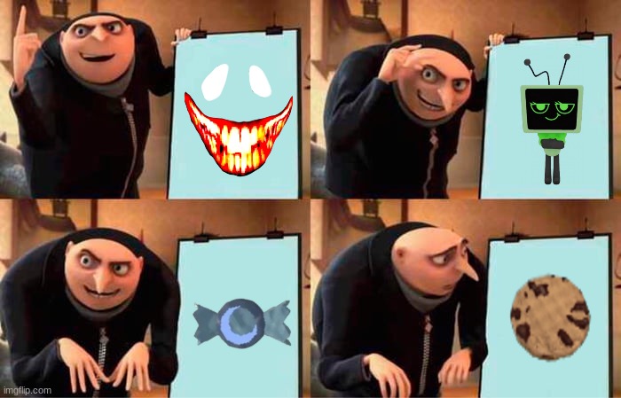 Gru's talk about rooms low detailed, Doors, Dandy's world, And a cookie? | image tagged in memes,gru's plan | made w/ Imgflip meme maker