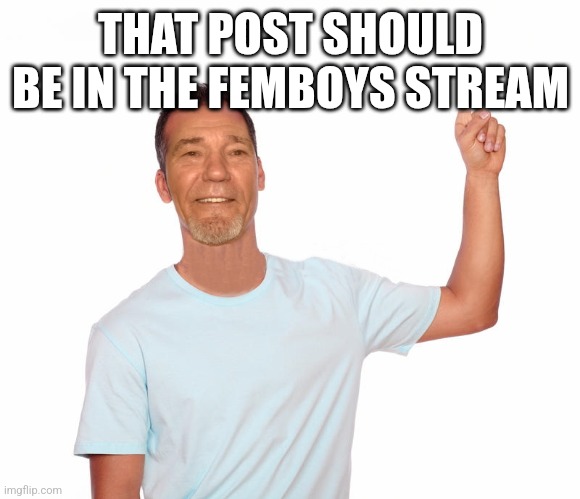 point up | THAT POST SHOULD BE IN THE FEMBOYS STREAM | image tagged in point up | made w/ Imgflip meme maker