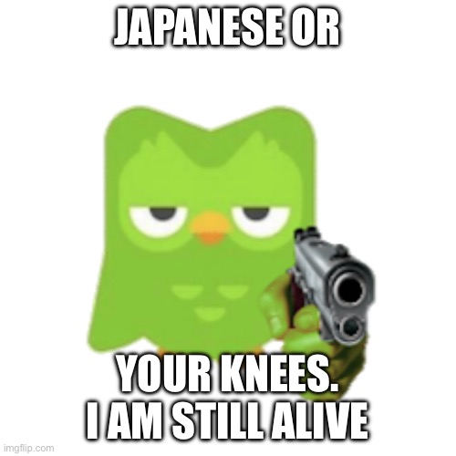 Duolingo | JAPANESE OR YOUR KNEES. I AM STILL ALIVE | image tagged in duolingo | made w/ Imgflip meme maker