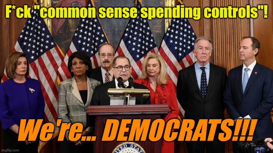 Up yours, taxpayers... It's OUR money, not yours! | F*ck "common sense spending controls"! We're... DEMOCRATS!!! | image tagged in house democrats | made w/ Imgflip meme maker