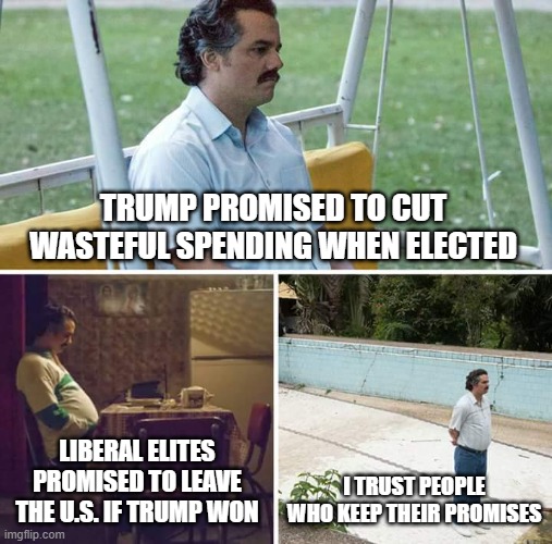 Sad Pablo Escobar | TRUMP PROMISED TO CUT WASTEFUL SPENDING WHEN ELECTED; LIBERAL ELITES PROMISED TO LEAVE THE U.S. IF TRUMP WON; I TRUST PEOPLE WHO KEEP THEIR PROMISES | image tagged in memes,sad pablo escobar | made w/ Imgflip meme maker