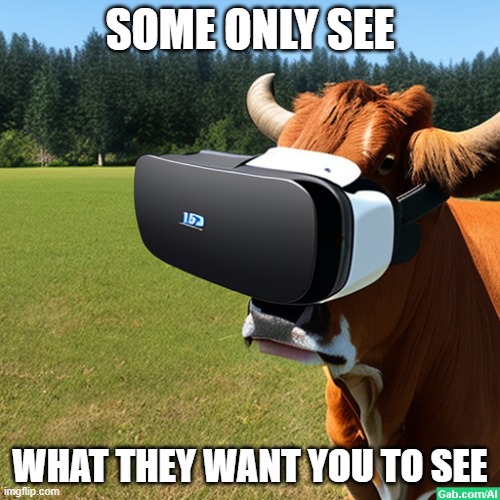 Blinded Cow | SOME ONLY SEE; WHAT THEY WANT YOU TO SEE | image tagged in cow,peaky blinders,virtual reality | made w/ Imgflip meme maker