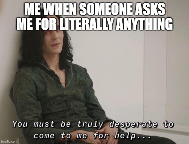 I am probably not the guy for whatever you need | ME WHEN SOMEONE ASKS ME FOR LITERALLY ANYTHING | image tagged in you must be truly desperate,memes,funny | made w/ Imgflip meme maker