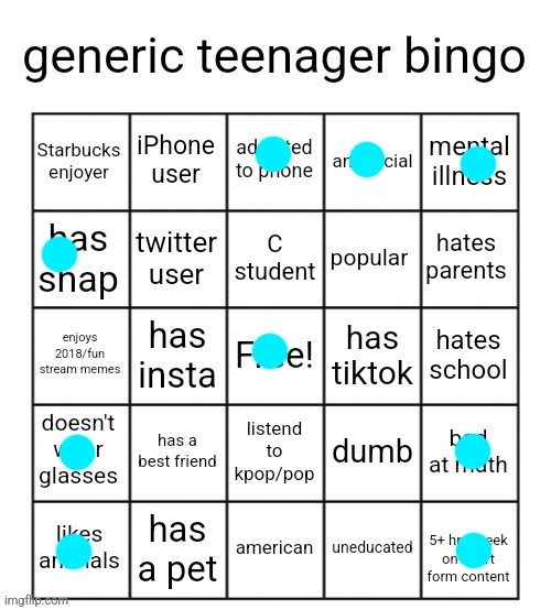 Yeah! I'm unique!  | image tagged in generic teenager bingo,bingo,fresh memes | made w/ Imgflip meme maker