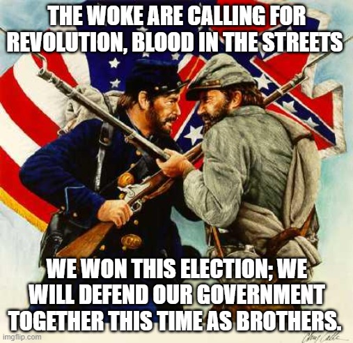 Unity is a great thing | THE WOKE ARE CALLING FOR REVOLUTION, BLOOD IN THE STREETS; WE WON THIS ELECTION; WE WILL DEFEND OUR GOVERNMENT TOGETHER THIS TIME AS BROTHERS. | image tagged in civil war soldiers,brothers in arms,crush the woke,maga,common enemy,trump is president for life | made w/ Imgflip meme maker