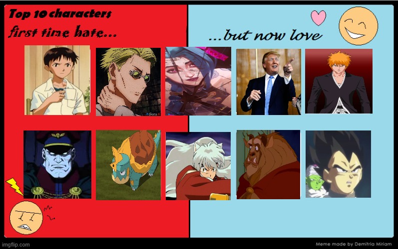 top 10 characters first time hate but now love | image tagged in top 10 characters first time hate but now love,anime,donald trump,beauty and the beast,videogames,tv shows | made w/ Imgflip meme maker